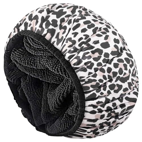 Image of Aquior Shower Cap,Extra Large Triple Layer Bathing Cap with Dry Hair Function for Women Microfiber Terry Cloth Silky Satin 100% Waterproof Reusable Long Hair Bath Caps (Leopard)