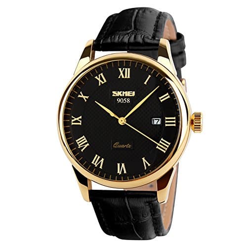 Image of SKMEI Business Men’s Quartz Wristwatches Roman Numeral Leather Band Casual Water Resist Analog Watches, Black+Gold, Business