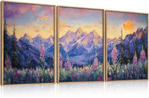 Image of TOARTi Purple Sunset Mountain Landscape Framed Canvas Wall Art Set,Nature Pine Tree Wildflowers Wall Decor,Golden Sunlight Wall Painting,Modern Field Art Prints for Living Room, Bedroom 12x16inchx3