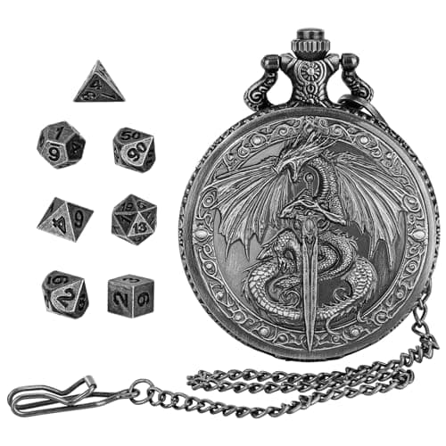 Image of DragonSword DND Dice Set with Pocket Watch Case, Portable Metal Dice Set Compatible with Dungeons and Dragons, 7PCS Mini Dice, RPG Role Playing Board Games Accessories (Black)