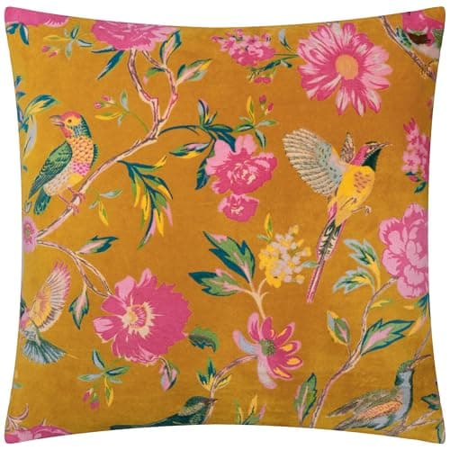 Image of furn. Wylder Aviary Cushion Cover – Cotton Velvet Country Garden Bird Decorative Case (Gold – 50x50cm)