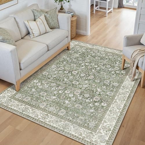Image of PureCozy Living Room Rug, 120x170 cm Washable Area Rugs for Bedroom, Non Slip Vintage for Kitchen Bedroom Dining Room Home Office, Soft Low Pile Carpet for Indoor Home Decor, Green