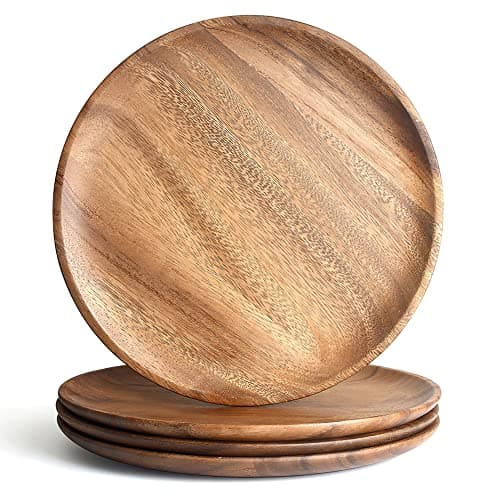 Image of AOOSY Acacia Wooden Dinner Plates Set of 4,11 Inch Round Wood Serving Tray Wooden Plates for Eating Sandwich Salad Fruit Food Platter Charcuterie Boards Charger Plate