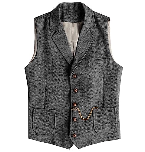 Image of AeoTeokey Men's Western Herringbone Tweed Suit Vest Wool Slim Fit Waistcoat (Grey,S)