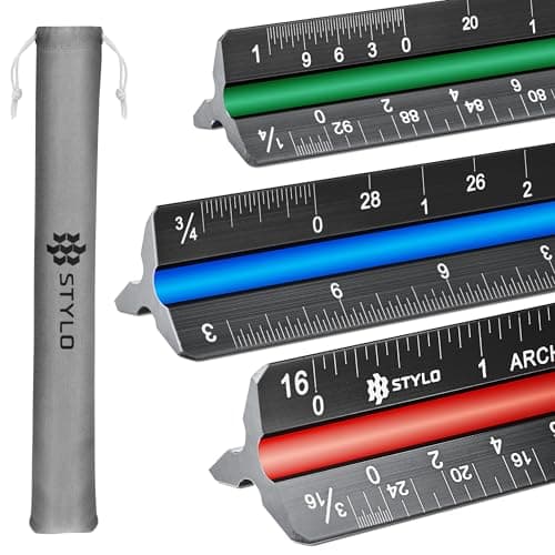 Image of Aluminum Architect Scale - 30cm Laser Etched Triangle Drafting Ruler with Colour Coded Grooves for Blueprint, Drafting - Architectural Scale (Black, Imperial Units)