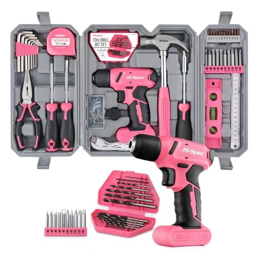 Image of Hi-Spec 57pc Pink Tool Kit with Drill – Womens Tool Box Set with 8V USB Cordless Electric Screwdriver & Drill Bits. Ladies Tools for Home DIY Repair, Office Maintenance & Everyday Use