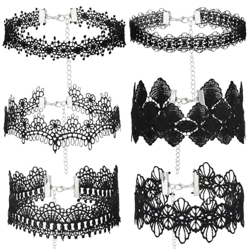 Image of Andibro 6Pcs Black Choker Necklace, Tattoo Choker Necklace Black Choker Set 2000s Goth Lace Choker Set Old School Punk Necklace for Masquerade Halloween Parties