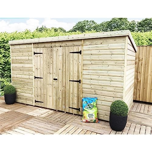 Image of 14 x 8 WINDOWLESS Garden Shed Pressure Treated T&G PENT Wooden Garden Shed + Double Doors Centre (14' x 8' / 14ft x 8ft) (14x8)
