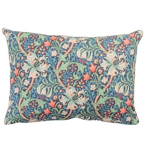 Image of Linen Loft William Morris Golden Lily Boudoir Cushion Cover in Sapphire Blue. Vintage Arts & Crafts Style Botanical and Floral Print. 17x12 Rectangle Cover Only