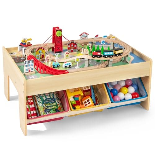 Image of INFANS Train Table with Storage, 94 Pieces Wooden Kids Activity Toy Table Playset with 3 Foldable Boxes Reversible Detachable Tabletop, Tracks, Train, Railway, Gift for Toddler Boys Girls Ages 3+