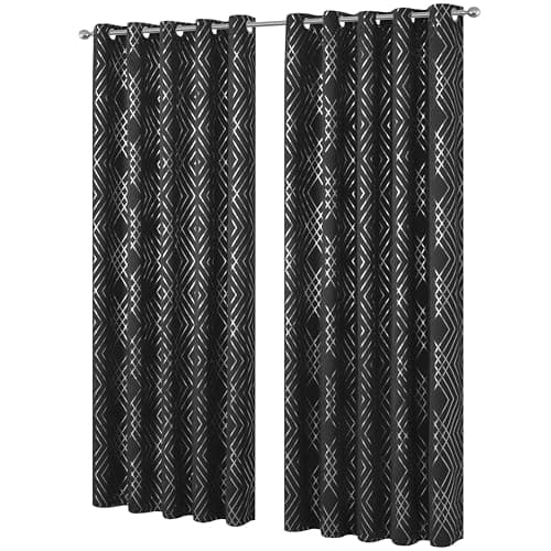 Image of Olivia Rocco Geo Sparkle Blackout Curtains Soft Thermal Insulated Ring Top Eyelet Curtain Geometric Pattern for Living Room Bedroom Drapes Window 2 Panels Home Decor, Black 66x72
