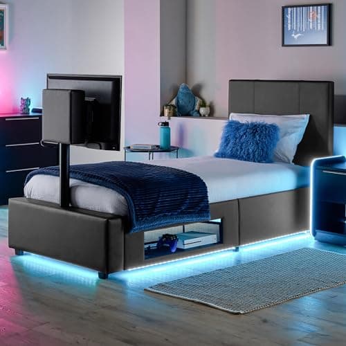 Image of X-Rocker AVA Leather TV Bed with Rotating TV Mount 32", Storage and Cable Management, Ambient Underbed RGB LED Lighting Single 3ft Low Sleeper Bedstead, Upholstered Leather Frame XR LIVING - GREY