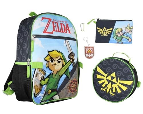 Image of Bioworld Legend of Zelda 5 Pc 16" Backpack Lunch Box Set School Travel Lunch Tote Pencil Case Rubber Keychain Backpack For Kids