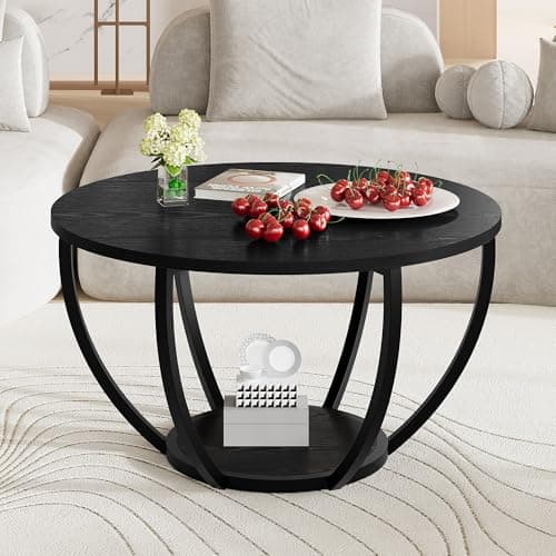 Image of HOMERECOMMEND Round Coffee Table,Wooden 2-Tier Circle Coffee Tables with Storage Shelves,Accent Center Table for Living Room, Sofa Table for Home Office, Black