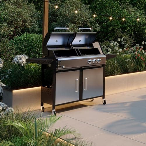 Image of CHARLES BENTLEY Dual Fuel 2+1 Burner Gas Grill & Charcoal Grill BBQ With Thermometer, Fire Box, Control Panel, Charcoal Tray, Warming Rack, Garden, Outdoors, Large, Family, Al Fresco (147.5x110cm)