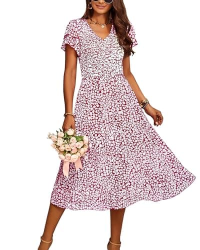 Image of BTFBM Women Casual Summer Short Ruffles Tiered Sleeve Smocked Midi Dresses Bohemian Floral V Neck Wedding Guest Long Dresses, Floral Wine Red, X-Large
