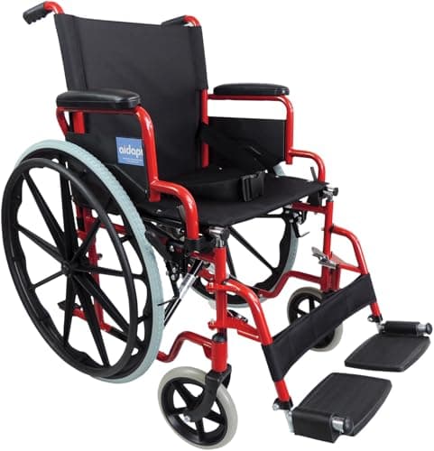 Image of Aidapt Folding Lightweight Self Propelled Steel Wheelchair with Brakes, Extra Wide Seat (18") Lap Strap, Removable Foot Rests and Side Panels for Privacy. Indoor and Outside Use