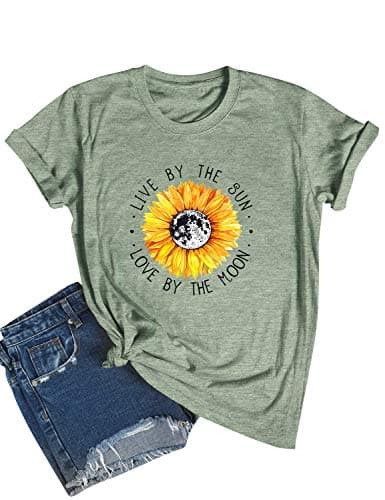 Image of Dresswel Live by The Sun Love by The Moon T-Shirt Women Sunflower Print T Shirts Ladies Tee Tops