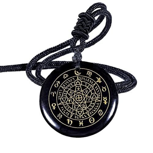 Image of Nupuyai Engraved Amulet Obsidian Necklace for Men Women, Talisman Healing Crystal Round Stone Pendant with Adjustable Rope 46-62cm, Zodiac Signs