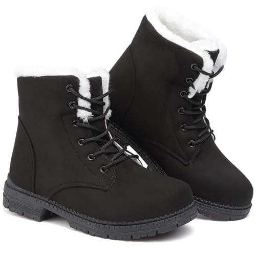 Image of Snow Boots Womens Winter Walking Cotton Warm Fur Lined Snow Shoes Ankle Mid Calf Lace Up Suede Casual Non-Slip Lightweight Outdoor Ladies Booties