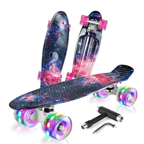 Image of BELEEV 22 inch Skateboards for Kids, Cruiser Skateboard for Girls Boys Teens Adults Beginners, LED Light up Wheels, Mini Skateboards Classic Complete Skate Board with Skate T-Tool, Max Load 220 LBS