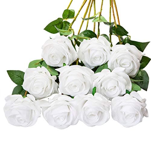 Image of DuHouse 10Pcs Artificial Roses Fake Silk Flowers Realistic Bridal Bouquets with Single Long Plastic Stems for Arrangement Wedding Table Centerpiece Party Home Decor(Pure White)