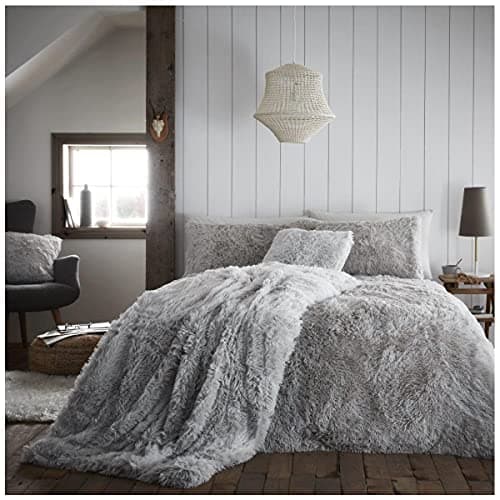 Image of GC GAVENO CAVAILIA Easy Care Hug and Snug Teddy Bear Bedding, Extra Fuzzy Kingsize Quilt Covers Bed Set With Matching Pillowcases, Warm and Thermal Teddy Fluffy Fur Bedding, Grey/Silver
