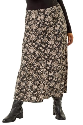 Image of Roman Jersey Skirt for Women UK - Ladies Midi Maxi Floral Animal Print Autumn Winter Swing Smart Casual Office Cocktail Party Going Out Evening Holiday Cruise - Plus Floral Black - Size 20