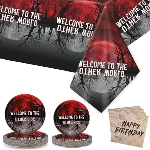 Image of Csoisoy 73pcs Weird Theme Tableware Set, Include 48 Party Plates (2 Sizes), 24 Napkins & 1 Large Tablecloth for Birthday Invert Theme Decoration Supplies Serves 24