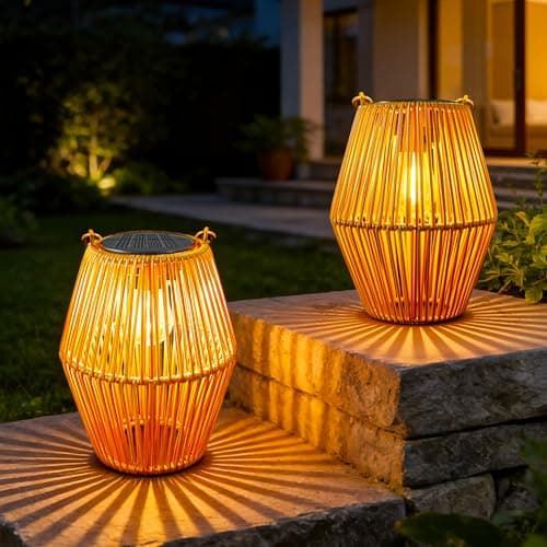Image of Ollny Solar Lights Outdoor Garden, 2 Pack Hanging Solar Lanterns with LED Bulds, IP44 Waterproof Garden Ornaments Outside Lantern Light for Yard Pathway Patio Decor, Birthday Gifts for Women Unique