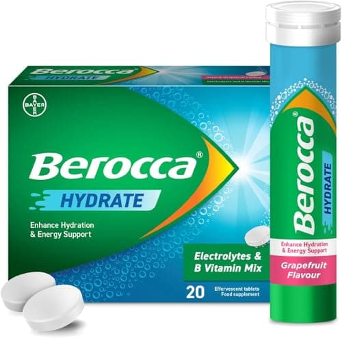 Image of Berocca Hydrate - Electrolytes for Fast Hydration & B Vitamins, Enhance Hydration & Energy Support, Food Supplement with Natural Grapefruit Flavour, Effervescent Tablets (20 Tablets)