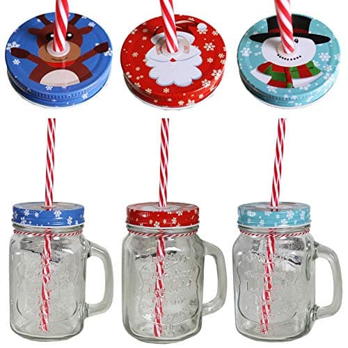 Image of Widdle Gifts Christmas Mason Jar with Handle and Straw Set of 3 Glasses - 6316
