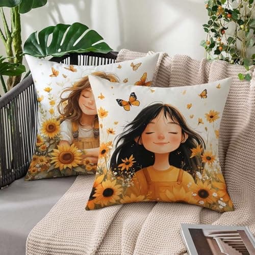 Image of Outdoor Cushions Waterproof 45 x 45 Set of 2, Yellow Cushion Covers 18x18 inch, Linen Decorative Sofa Pillow Cases 2 Pack, Girl Outdoor Cushions for Summer Garden Furniture Patio Seat Chairs H-6384