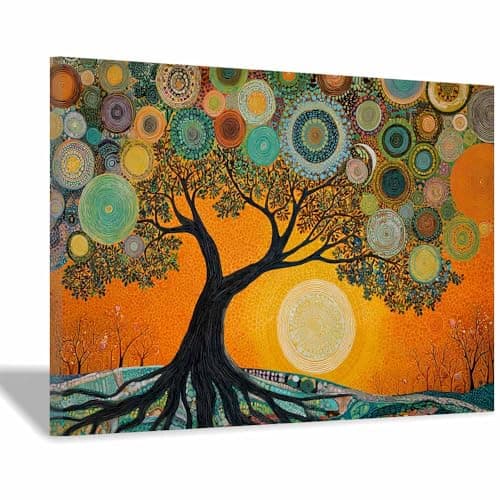Image of PUQAAEO Tree Of Life Canvas Wall Art decor Boho Tree Sun Art Modern Painting Prints Pictures, Nature Canvas Landscape Artwork, for Living Room Office Bedroom Decoration(Multicolor)-70x100cm Framed