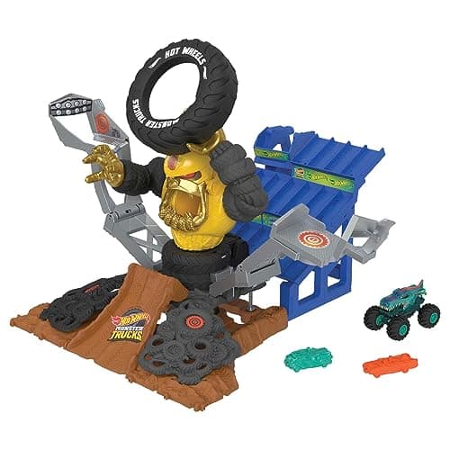 Image of Hot Wheels Monster Trucks Arena Smashers Mega-Wrex vs. Crushzilla Takedown with 1:64 Scale Mega-Wrex Toy Truck and 2 Crushable Cars, HPR47