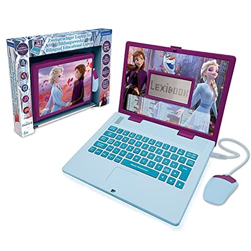 Image of LEXIBOOK, Frozen, Educational and Bilingual Laptop German/English, Girls Toy with 124 Activities to Learn, Play Games and Music with Elsa & Anna, Blue/Purple, JC598FZi3