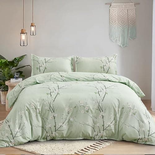 Image of Green Bedding Set Floral Plum Duvet Cover Set Soft Microfiber Botanical Branch Duvet Cover,2 Pillowcases and Zipper Closure,Double Size 200x200 cm