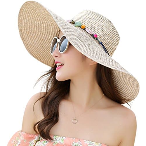Image of Lanzom Womens Wide Brim Summer Straw Hat Floppy Foldable Roll up Cap Beach Sun Hats UPF 50+, Style A-khaki, One Size