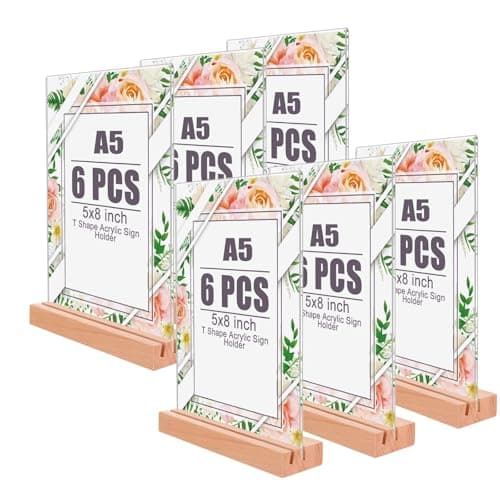 Image of LOPYXBR 6PCS A5 Acrylic Sign Holder with Wooden Base, L-Shape A5 Menu Holder, Clear Double Sided A5 Display Stand for Restaurants Hotel Bar Office