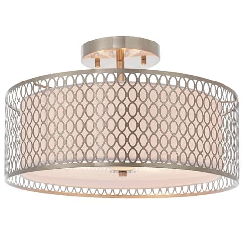 Image of National Lighting Alva E27 Flush Ceiling Light in Satin Nickel – Modern Metal Fretwork Semi Flush Light with Fabric Drum Shade – LED Compatible Indoor Lighting for Hallway, Bedroom, Living Room