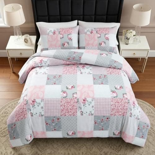 Image of B&B Printed Duvet Cover Set, 100% Rich Cotton Comforter Cover Bedding Sets - Soft, Thick Anti-Allergy 3PCS Quilt Covers with 2 Pillow Shams (Double Size, Floral Grey)