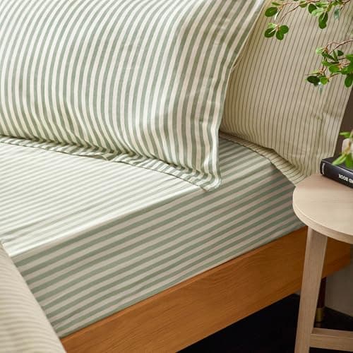Image of Furn. Yard Hebden 100% Cotton Striped Fitted Bed Sheet – Soft Textured Mélange Design (Forest – Double)