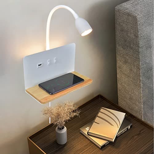 Image of LED Bedside Wall Light with Wireless Charger & USB Charging Port, Wall Mounted Reading Light for Bed, 33cm Flexible Gooseneck Reading Lamp with 3 Colour Temperatures, Bedroom Wall Lamp with Backlight