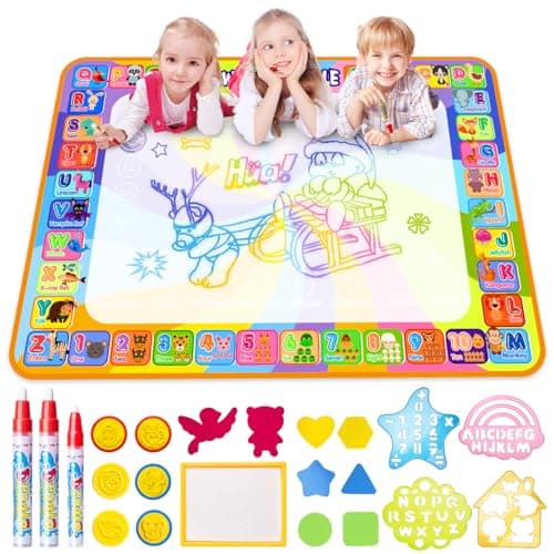 Image of LOYO Water Doodle Magic Mat, 100 x 78cm Multicolored No Mess Water Drawing Mat with Water Pens & Stamps, Educational Toddler Toys for 3 to 6 Year Old Boys & Girls Crafts Gifts