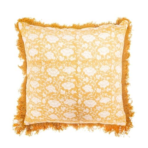 Image of Sass & Belle Block Print Fringed Cushion Cover Mustard – 45x45cm Decorative Pillow Case, Boho Accent for Sofa or Bed, Yellow Cushion Cover for Home Decoration
