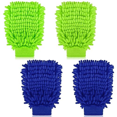 Image of RosewineC 4pcs Car Wash Mitt, Double Sided Microfiber Car Wash Mitts, Super Absorbent Wash Gloves for Car Cleaning, Car Wash Cleaning Towels Brush, Scratch Guard Car Microfibre Cloth