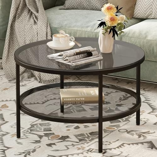 Image of Yusong Round Glass Coffee Tables for Living Room, 2-Tier Circle Coffee Table with Storage, 66 CM Modern Center Accent Table with Light Black Glass, Small End Table for Small Space, Bedroom