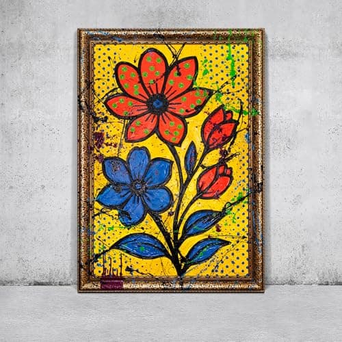 Image of YS-Art Original Handmade Flower Pop Art Acrylic Canvas Colorful Floral Painting Modern Street Style Decor Bright Wall Artwork 48x32 inches