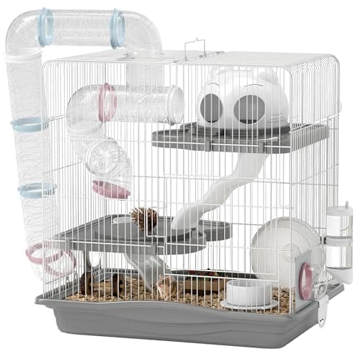 Image of PawHut 3-Tier Hamster Cage, Gerbil Cage with Exercise Wheel, Tunnel, Water Bottle, Food Dish, Hut, Ramp, for Dwarf Hamsters, 45 x 30 x 45 cm, Grey