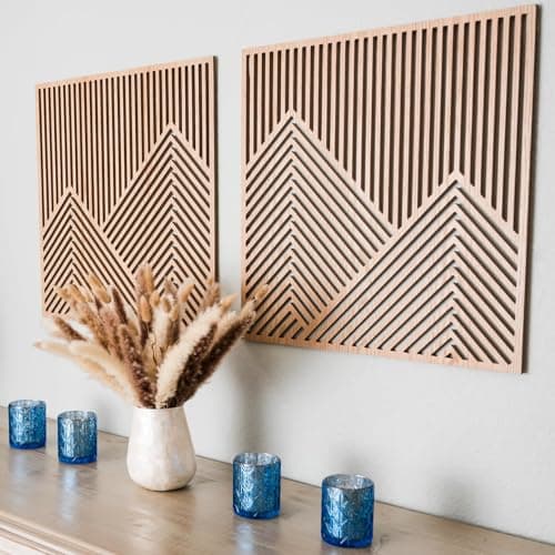 Image of SnugLife 2 Pcs Wood Mountain Wall Art - Modern Wooden Panel Mountain Wall Decor, Decorative Forest Nature Abstract Line Minimalist Wall Art for Living Room Bedroom Farmhouse - Large 23.5”x23.5”